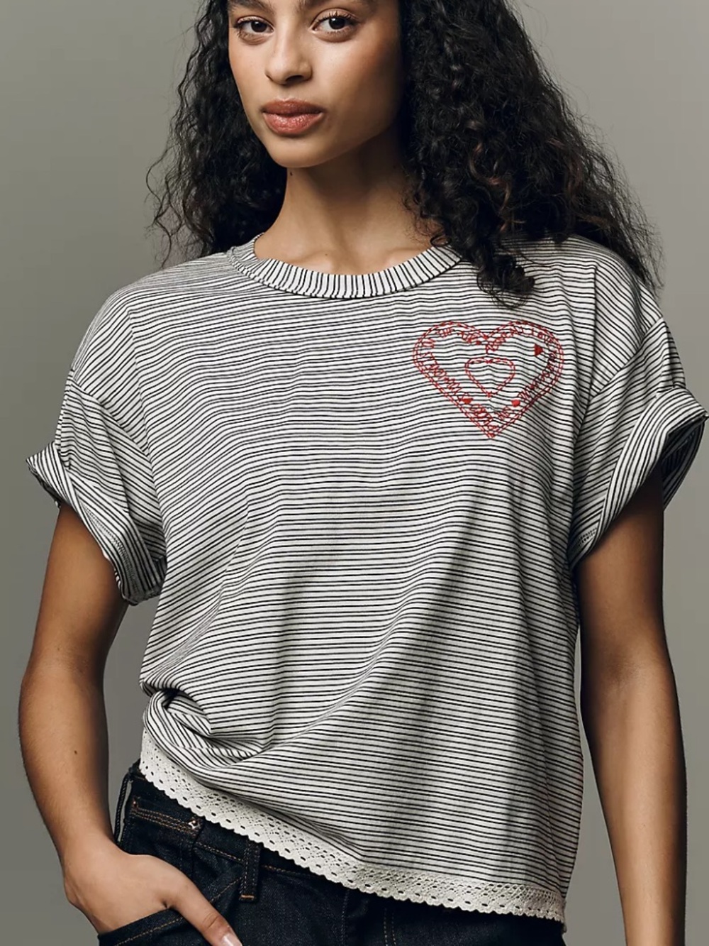 Anthropologie Pilcro Yours Truly Striped Heart Crochet Trim Tee Size XL NWOT